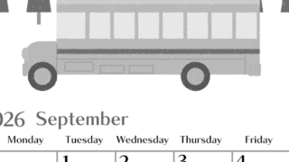 2026年9月縦型モノクロの日曜始まり バスイラストのおしゃれA4無料白黒カレンダー(2026-00470910)