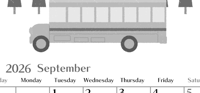2026年9月縦型モノクロの日曜始まり バスイラストのおしゃれA4無料白黒カレンダー(2026-00470910)