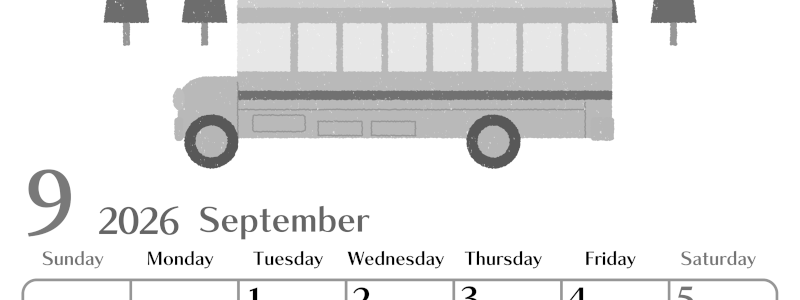 2026年9月縦型モノクロの日曜始まり バスイラストのおしゃれA4無料白黒カレンダー(2026-00470910)