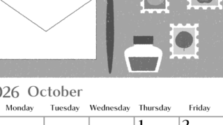 2026年10月縦型モノクロの日曜始まり 手紙イラストのおしゃれA4無料白黒カレンダー(2026-00471010)