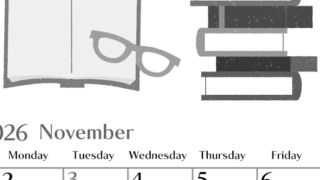 2026年11月縦型モノクロの日曜始まり 読書イラストのおしゃれA4無料白黒カレンダー(2026-00471110)