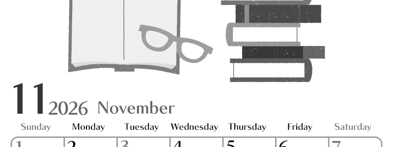 2026年11月縦型モノクロの日曜始まり 読書イラストのおしゃれA4無料白黒カレンダー(2026-00471110)