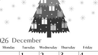 2026年12月縦型モノクロの日曜始まり クリスマスツリーイラストのおしゃれA4無料白黒カレンダー(2026-00471210)
