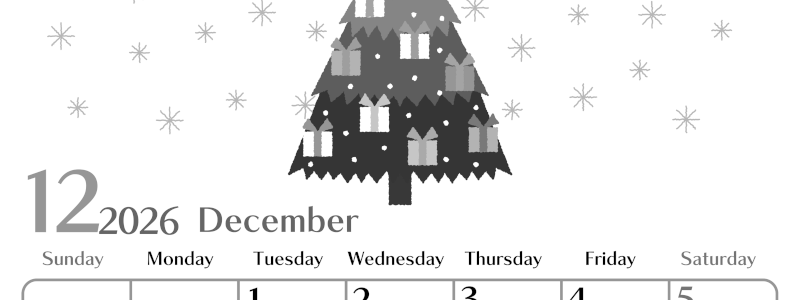 2026年12月縦型モノクロの日曜始まり クリスマスツリーイラストのおしゃれA4無料白黒カレンダー(2026-00471210)