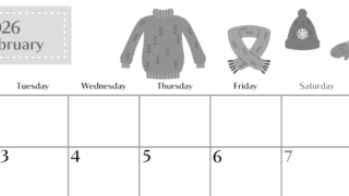 2026年2月横型モノクロの月曜始まり イラストのおしゃれA4無料白黒カレンダー(2026-00470201)