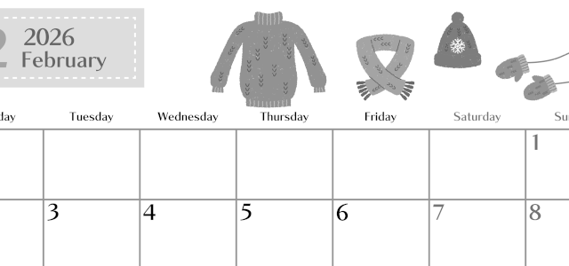 2026年2月横型モノクロの月曜始まり イラストのおしゃれA4無料白黒カレンダー(2026-00470201)