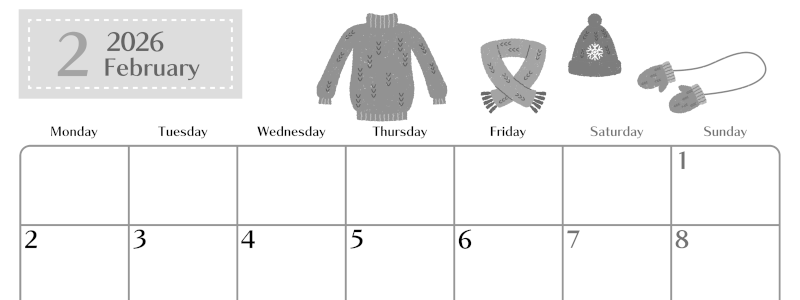 2026年2月横型モノクロの月曜始まり イラストのおしゃれA4無料白黒カレンダー(2026-00470201)