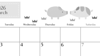 2026年3月横型モノクロの月曜始まり 子豚イラストのおしゃれA4無料白黒カレンダー(2026-00470301)