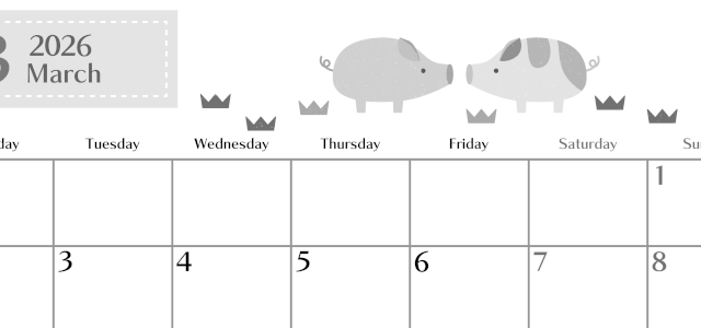 2026年3月横型モノクロの月曜始まり 子豚イラストのおしゃれA4無料白黒カレンダー(2026-00470301)