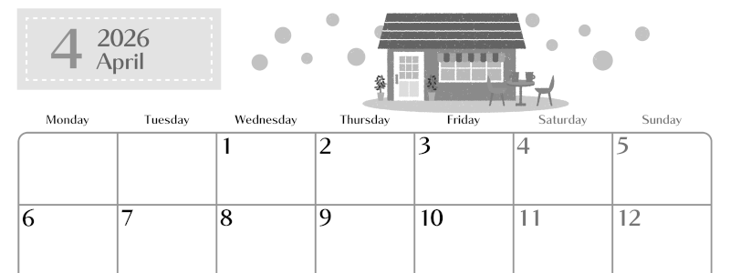 2026年4月横型モノクロの月曜始まり 新生活イラストのおしゃれA4無料白黒カレンダー(2026-00470401)