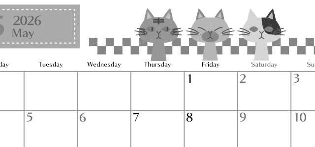 2026年5月横型モノクロの月曜始まり 猫たちイラストのおしゃれA4無料白黒カレンダー(2026-00470501)
