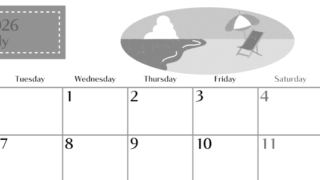 2026年7月横型モノクロの月曜始まり  バカンスイラストのおしゃれA4無料白黒カレンダー(2026-00470701)