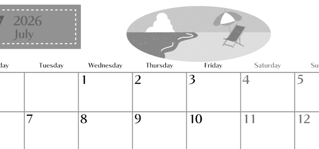 2026年7月横型モノクロの月曜始まり  バカンスイラストのおしゃれA4無料白黒カレンダー(2026-00470701)