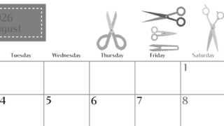 2026年8月横型モノクロの月曜始まり ハサミイラストのおしゃれA4無料白黒カレンダー(2026-00470801)