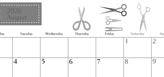 2026年8月横型モノクロの月曜始まり ハサミイラストのおしゃれA4無料白黒カレンダー(2026-00470801)