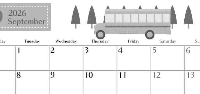 2026年9月横型モノクロの月曜始まり バスイラストのおしゃれA4無料白黒カレンダー(2026-00470901)
