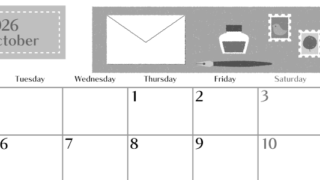 2026年10月横型モノクロの月曜始まり 手紙イラストのおしゃれA4無料白黒カレンダー(2026-00471001)