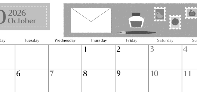 2026年10月横型モノクロの月曜始まり 手紙イラストのおしゃれA4無料白黒カレンダー(2026-00471001)