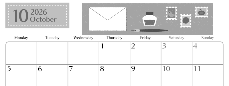 2026年10月横型モノクロの月曜始まり 手紙イラストのおしゃれA4無料白黒カレンダー(2026-00471001)