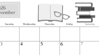 2026年11月横型モノクロの月曜始まり 読書イラストのおしゃれA4無料白黒カレンダー(2026-00471101)