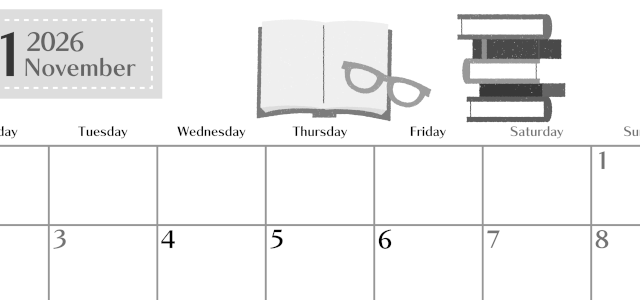 2026年11月横型モノクロの月曜始まり 読書イラストのおしゃれA4無料白黒カレンダー(2026-00471101)