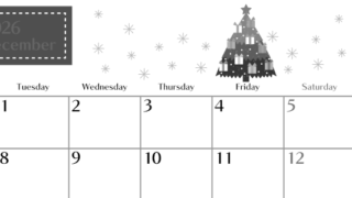 2026年12月横型モノクロの月曜始まり クリスマスツリーイラストのおしゃれA4無料白黒カレンダー(2026-00471201)