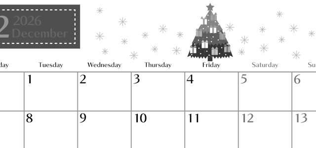 2026年12月横型モノクロの月曜始まり クリスマスツリーイラストのおしゃれA4無料白黒カレンダー(2026-00471201)