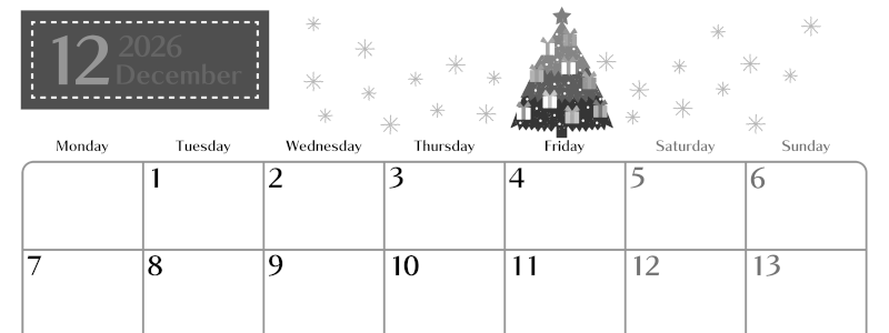 2026年12月横型モノクロの月曜始まり クリスマスツリーイラストのおしゃれA4無料白黒カレンダー(2026-00471201)