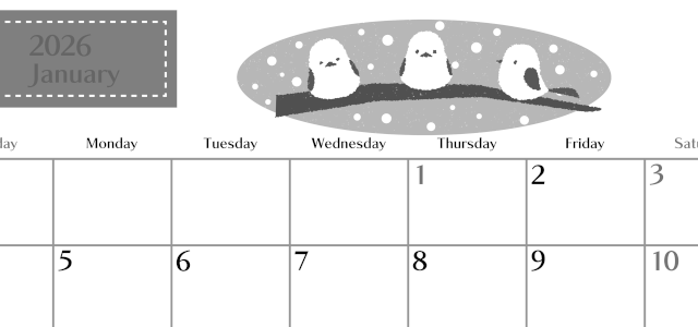 2026年1月横型モノクロの日曜始まり イラストのおしゃれA4無料白黒カレンダー(2026-00470100)