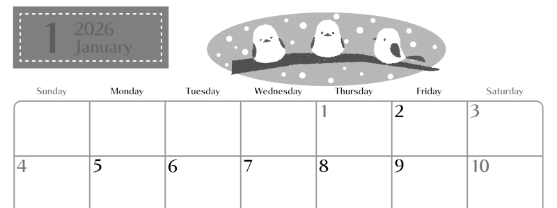 2026年1月横型モノクロの日曜始まり イラストのおしゃれA4無料白黒カレンダー(2026-00470100)