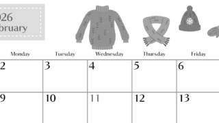 2026年2月横型モノクロの日曜始まり イラストのおしゃれA4無料白黒カレンダー(2026-00470200)