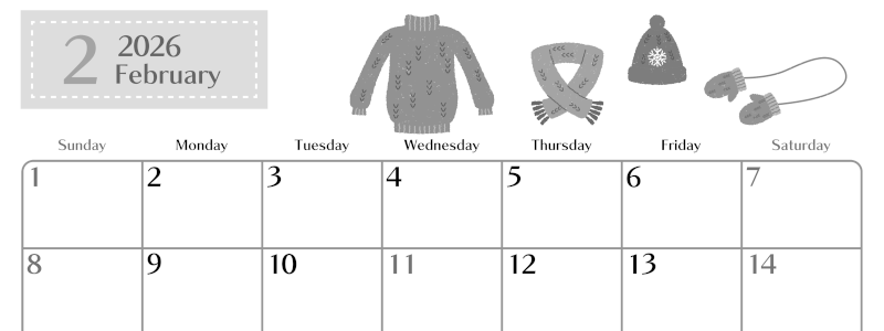 2026年2月横型モノクロの日曜始まり イラストのおしゃれA4無料白黒カレンダー(2026-00470200)