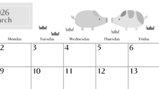 2026年3月横型モノクロの日曜始まり 子豚イラストのおしゃれA4無料白黒カレンダー(2026-00470300)