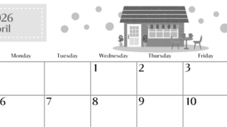 2026年4月横型モノクロの日曜始まり 新生活イラストのおしゃれA4無料白黒カレンダー(2026-00470400)
