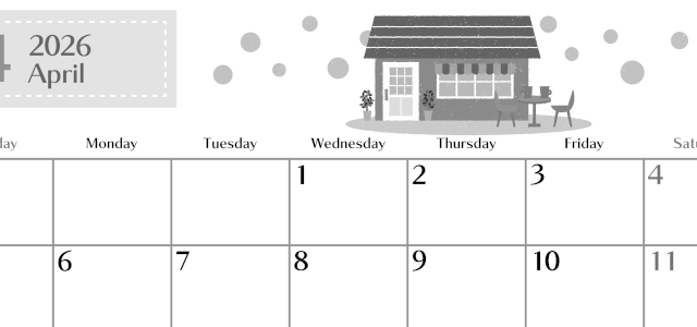 2026年4月横型モノクロの日曜始まり 新生活イラストのおしゃれA4無料白黒カレンダー(2026-00470400)