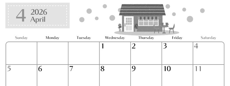 2026年4月横型モノクロの日曜始まり 新生活イラストのおしゃれA4無料白黒カレンダー(2026-00470400)
