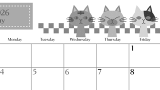 2026年5月横型モノクロの日曜始まり 猫たちイラストのおしゃれA4無料白黒カレンダー(2026-00470500)