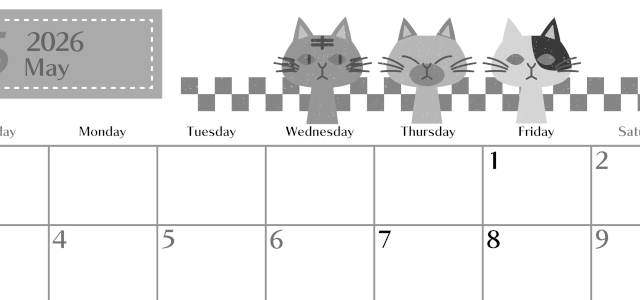 2026年5月横型モノクロの日曜始まり 猫たちイラストのおしゃれA4無料白黒カレンダー(2026-00470500)