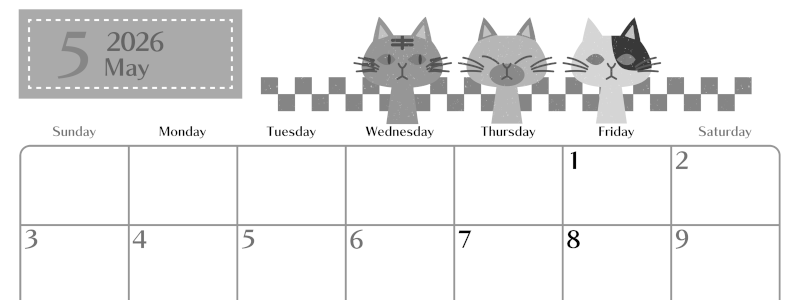 2026年5月横型モノクロの日曜始まり 猫たちイラストのおしゃれA4無料白黒カレンダー(2026-00470500)