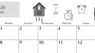 2026年6月横型モノクロの日曜始まり 時計イラストのおしゃれA4無料白黒カレンダー(2026-00470600)