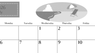 2026年7月横型モノクロの日曜始まり バカンスイラストのおしゃれA4無料白黒カレンダー(2026-00470700)
