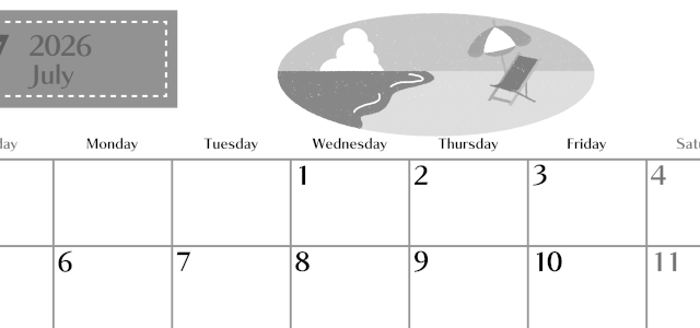 2026年7月横型モノクロの日曜始まり バカンスイラストのおしゃれA4無料白黒カレンダー(2026-00470700)