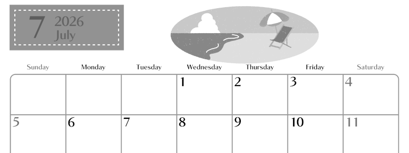 2026年7月横型モノクロの日曜始まり バカンスイラストのおしゃれA4無料白黒カレンダー(2026-00470700)