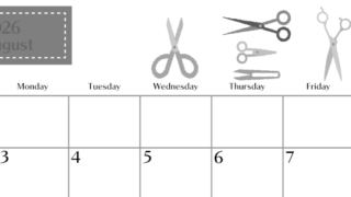 2026年8月横型モノクロの日曜始まり ハサミイラストのおしゃれA4無料白黒カレンダー(2026-00470800)