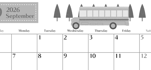 2026年9月横型モノクロの日曜始まり バスイラストのおしゃれA4無料白黒カレンダー(2026-00470900)
