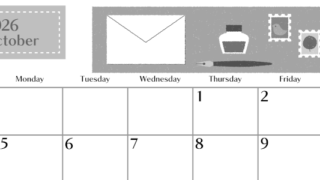 2026年10月横型モノクロの日曜始まり 手紙イラストのおしゃれA4無料白黒カレンダー(2026-00471000)