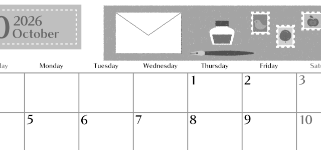 2026年10月横型モノクロの日曜始まり 手紙イラストのおしゃれA4無料白黒カレンダー(2026-00471000)