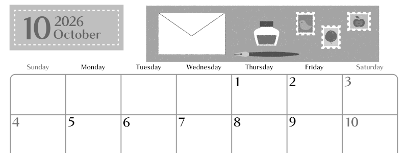 2026年10月横型モノクロの日曜始まり 手紙イラストのおしゃれA4無料白黒カレンダー(2026-00471000)