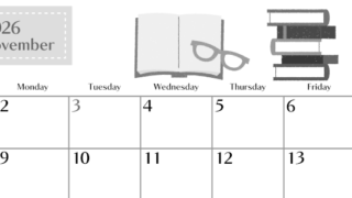 2026年11月横型モノクロの日曜始まり 読書イラストのおしゃれA4無料白黒カレンダー(2026-00471100)