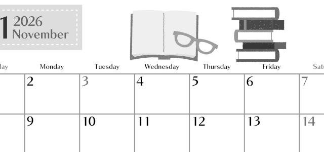 2026年11月横型モノクロの日曜始まり 読書イラストのおしゃれA4無料白黒カレンダー(2026-00471100)